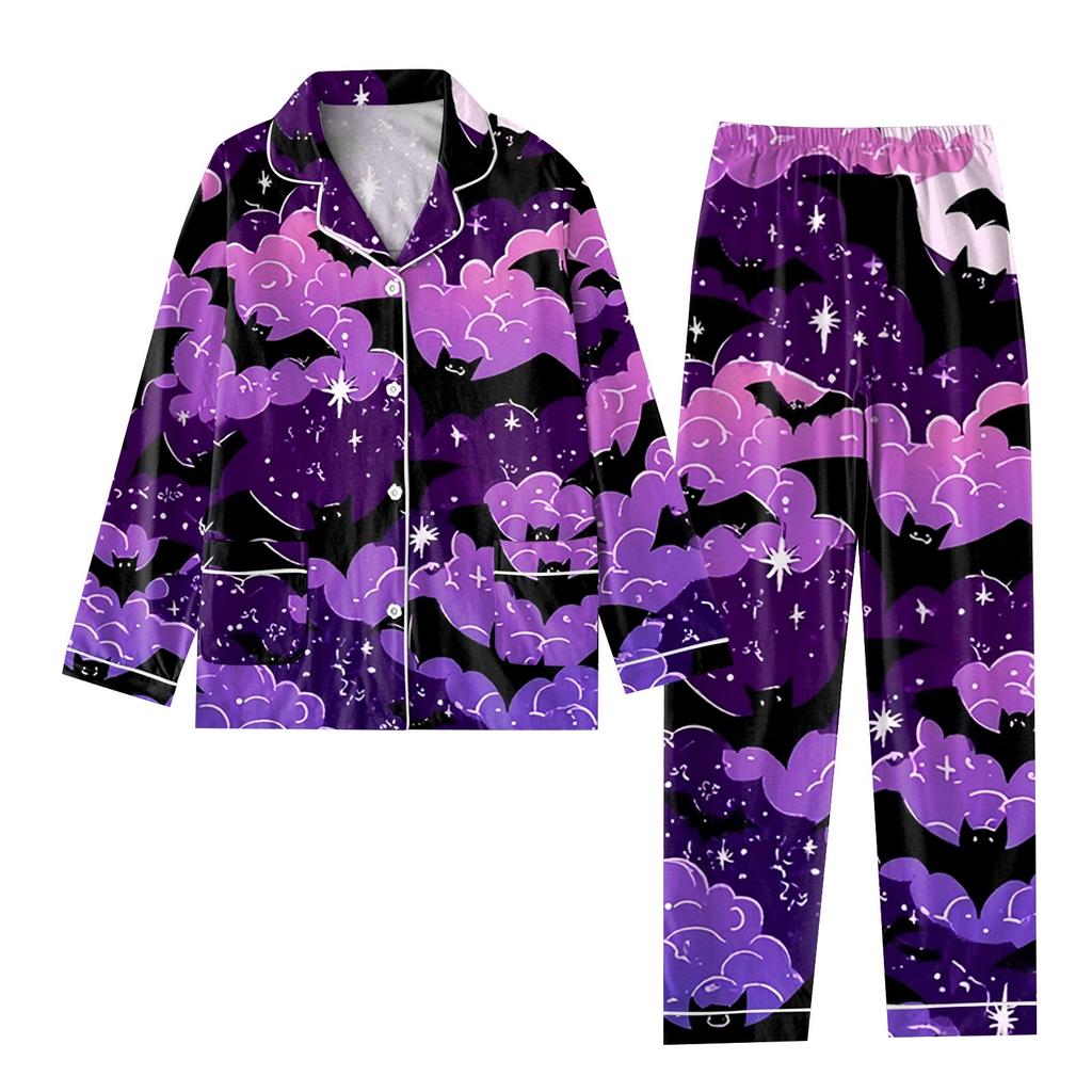 Women's 2 Piece Printed Suit Long Sleeve Button Up Top Wide Leg Pants Suit Set Pajamas Home Casual Suit