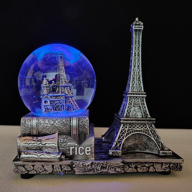 Creative Luminous Eiffel Tower Snow Globe Music Box - Retro Desktop Decoration