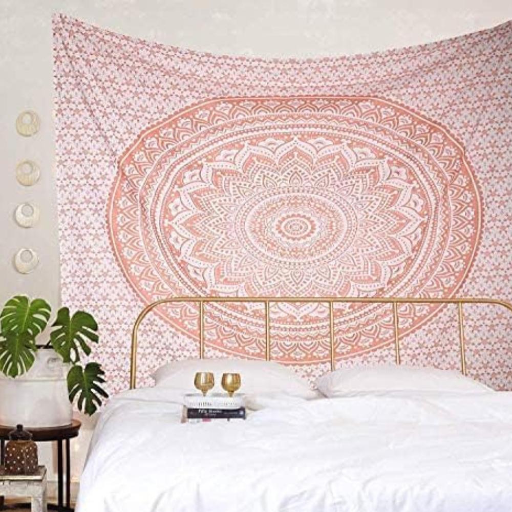 BLESS INTERNATIONAL Agatator de perete hippie tradițional indian mandala, tapiserie din bumbac, cuvertură de pat boemă Ombre (Aur roz)