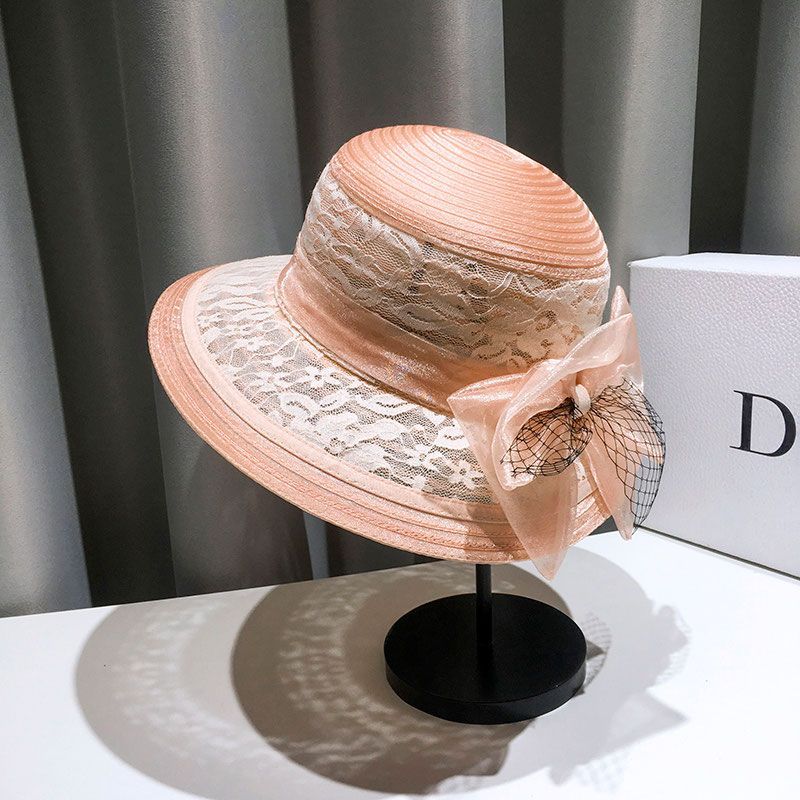 Summer Fashion Lace Mesh Fisherman Hat, Hepburn Style Colorful Retro Bowler Hat Elegant Bow Sun Hat