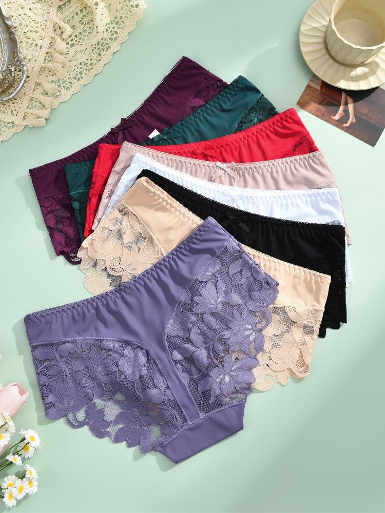 S-XXL Women Lace Panties Patchwork Seamless Underwear Sexy Luxury Hollow Out Solid Briefs Girls' Mid Rise Breathable Lingerie