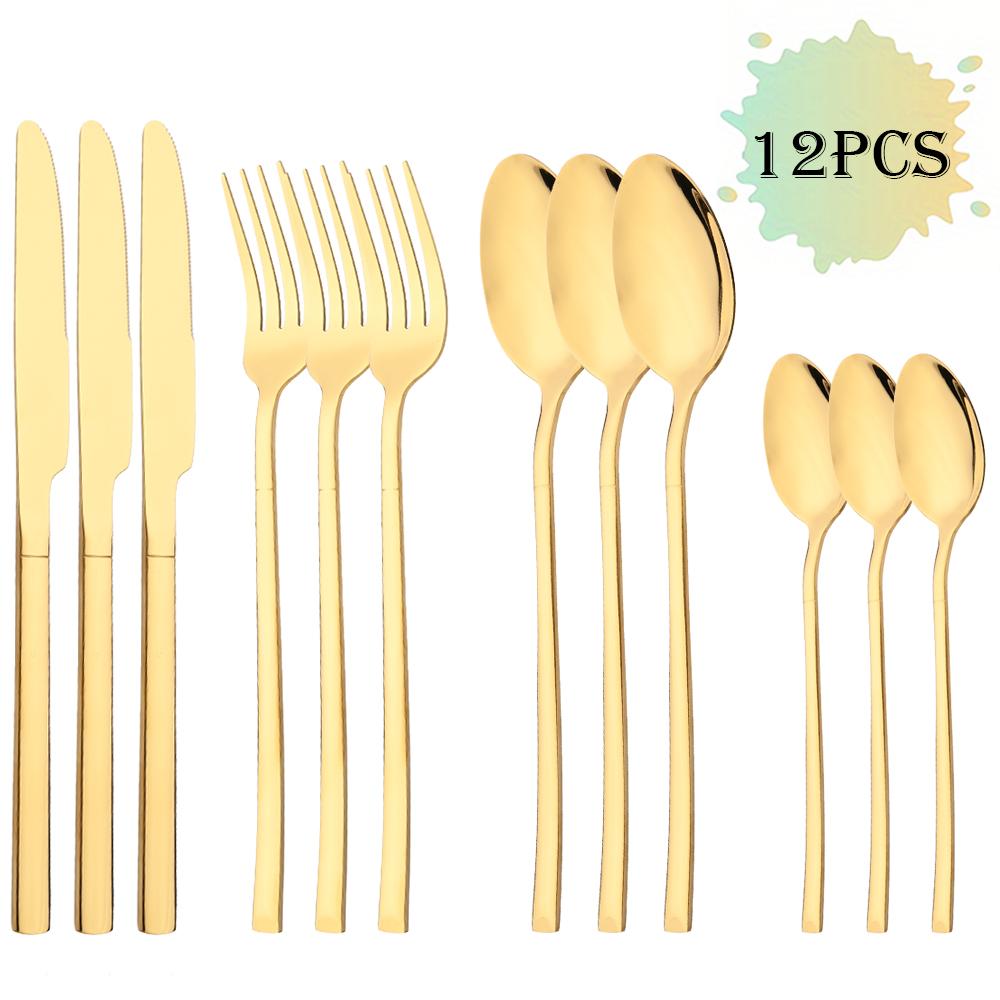12Pcs Western Gold Dinnerware Stainless Steel Cutlery Set Knife Fork Tea Spoon Dinner Flatware Set Kitchen Silverware Tableware