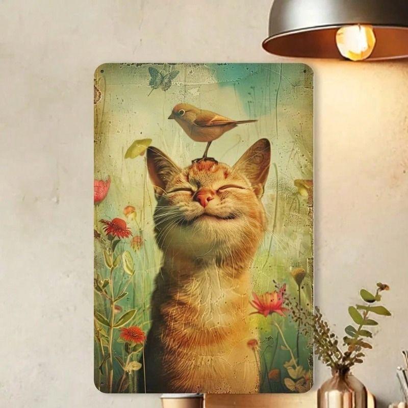 Vintage Metal Poster Wall Art Retro Red Cat Bird Flower Tin Sign