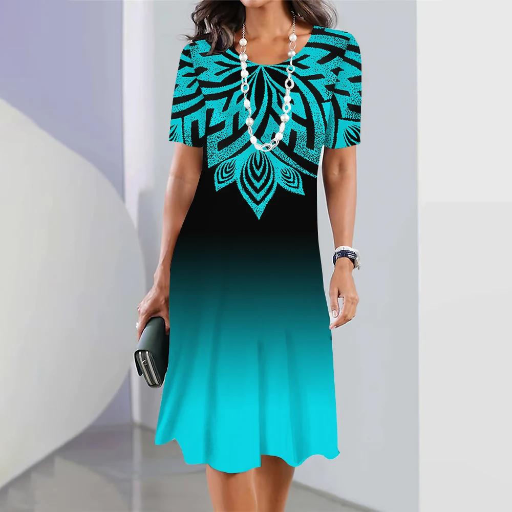 Women's Retro 3D Short-sleeved Pullover Summer Round Neck Dress Simple and Elegant Loose Skirt