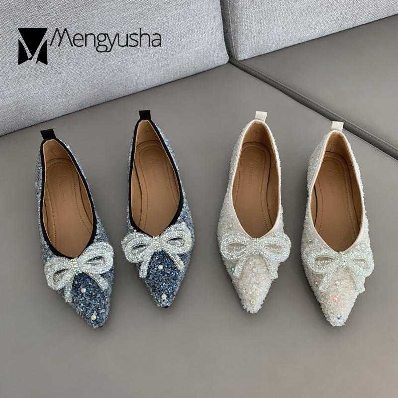 2024 Glitter Flats Shoes Woman Crystal Sequins Ballerina Shallow Pointed Toe Loafers Ladies Dress Office Bow Moccasins Ballets