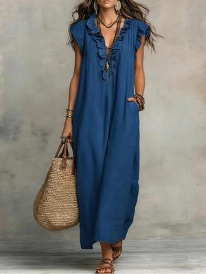 Solid Color Sleeveless V-Neck Vacation Maxi Dress for Women - Spring Summer Pocket Ruffled Elegant Dress