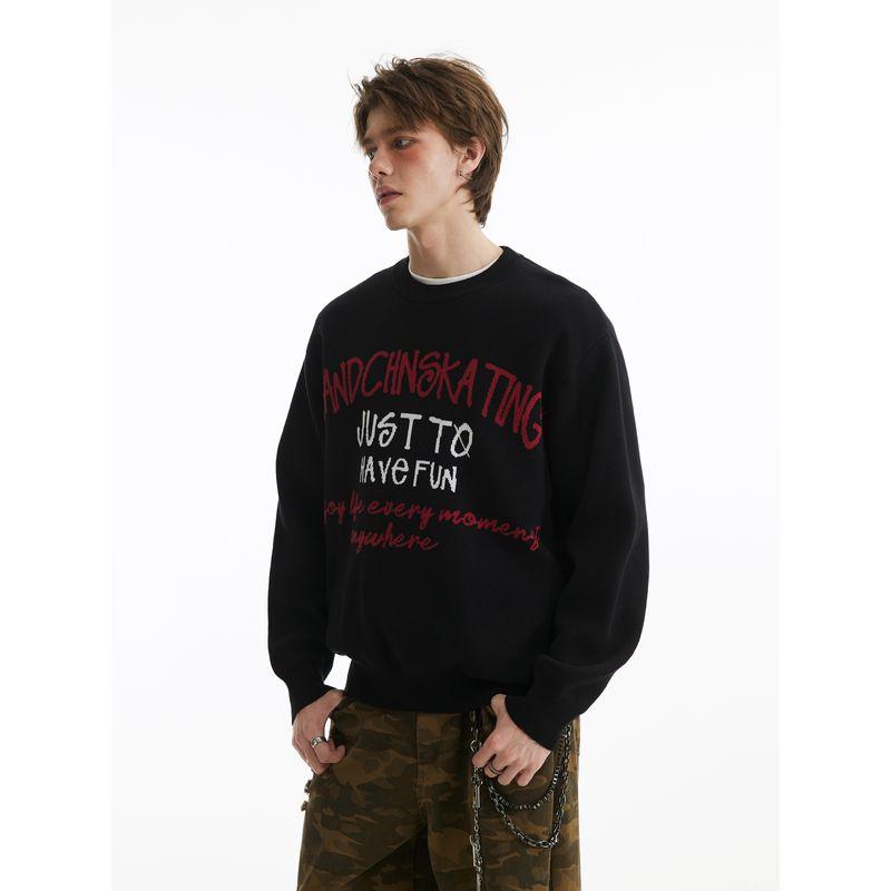 Men's American Retro Street Style Letter Jacquard Crew Neck Sweater, Men's Lazy Style Loose Pullover Knitwear for Couples