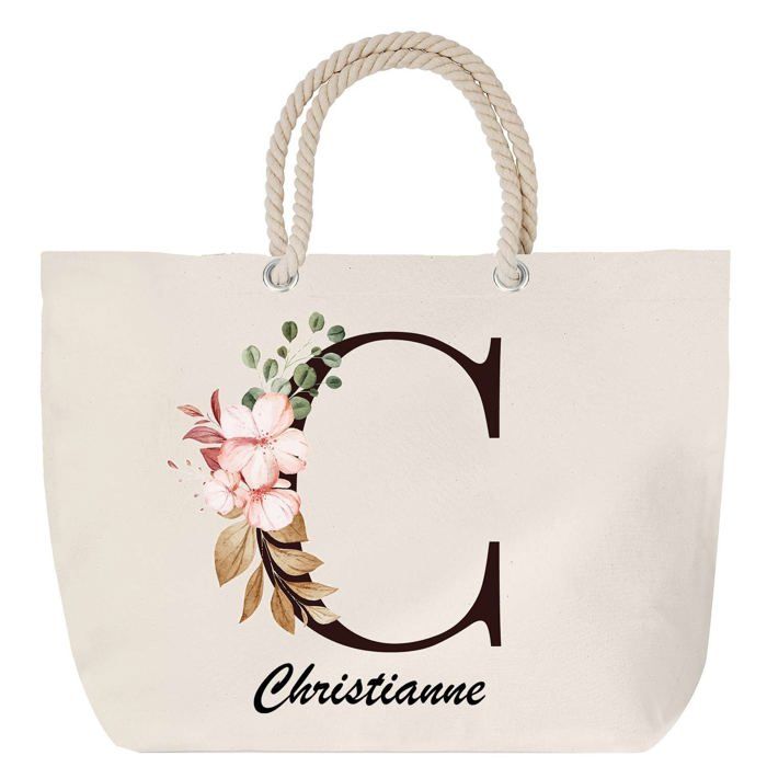 Sac de plage - PLANETEE - Christianne - Motif Lettre Fleur - Anse corde - Grand format