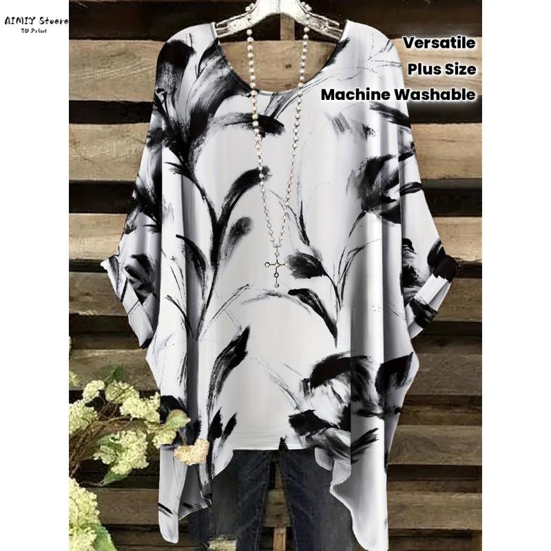 

Elegant Bohemian Women s T-Shirt Floral Butterfly Print Asymmetrical Hem Round Neck Versatile and Machine Washable Summer 1XL