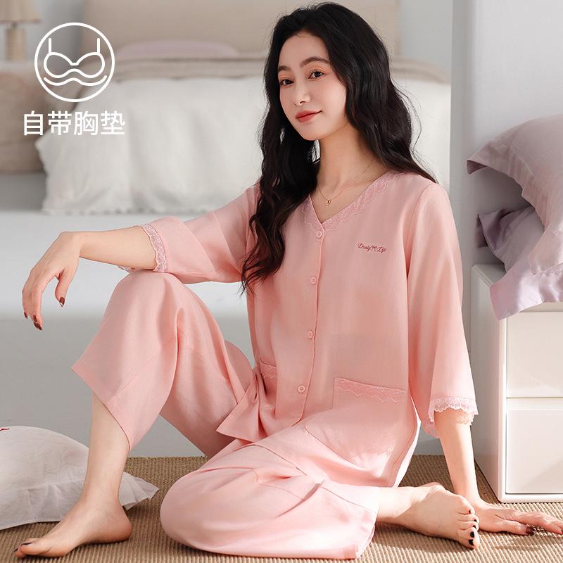 Pajamas Ladies Summer Seven-Point Cuffs Chest Pad Tencel Lyocell Middle-aged Mom Lady Wind No Collar Homewear