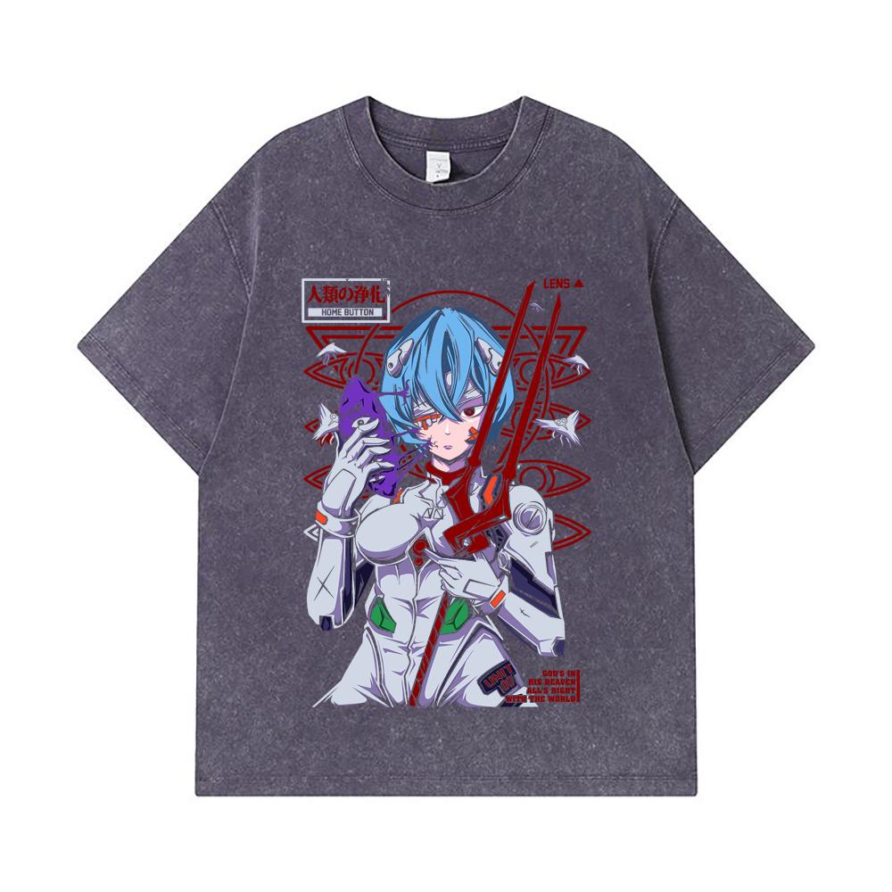 275 GSM Washed T-shirts 100% Cotton Evangelion V7 Rei Print Unisex Heavy Cotton T Shirt