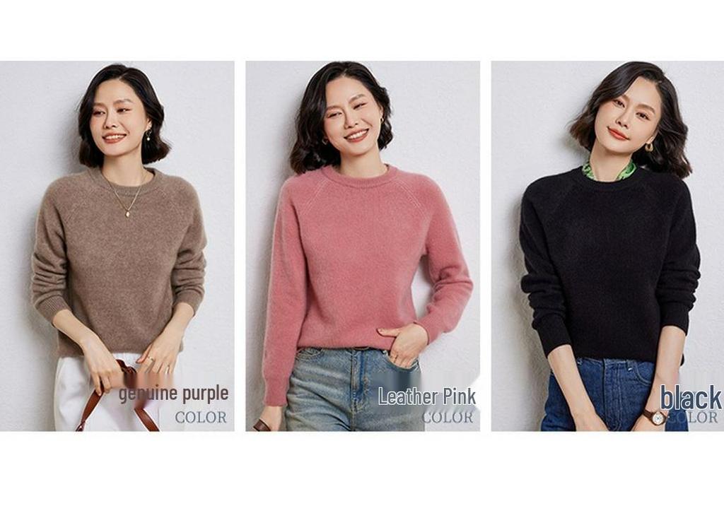 Women's Thick 100% Wool Raglan Sleeve Round Neck Sweater - Loose Knit Long Sleeve Pullover for Autumn/Winter
