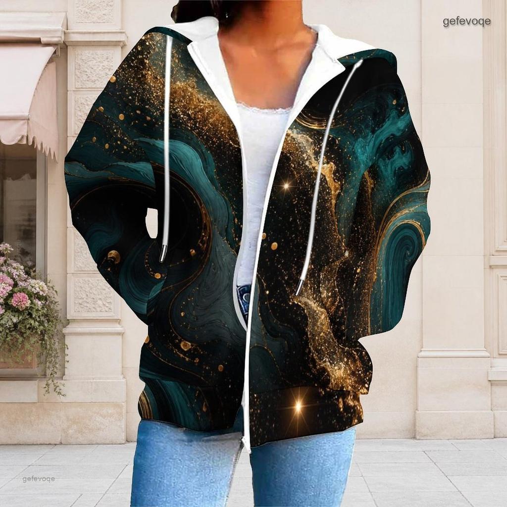 Women Plus Size Long Sleeve Zip Up Hoodie Red Black Abstract Printed With Drawstring Hood And Pockets