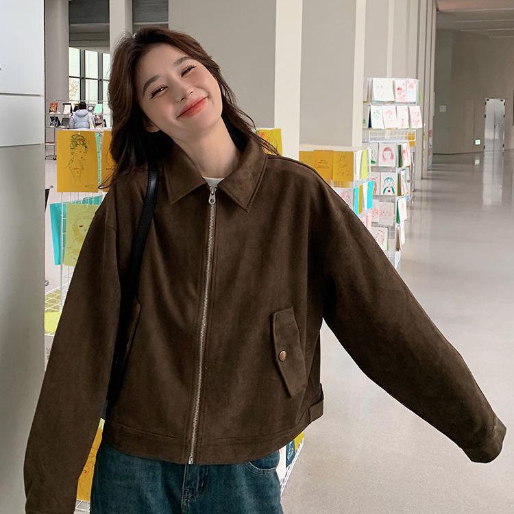 Jachetă scurtă retro pentru femei, maro Melaude din piele întoarsă sintetică, colecția de toamnă 2025