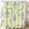 Green Home Decor Shower Curtain with Cartoon Houses Bathroom Accessories for Kids Room Decoration Easy Hanging Rings Included (L