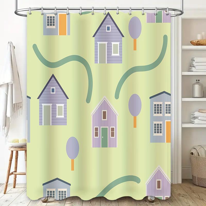 Green Home Decor Shower Curtain with Cartoon Houses Bathroom Accessories for Kids Room Decoration Easy Hanging Rings Included (L