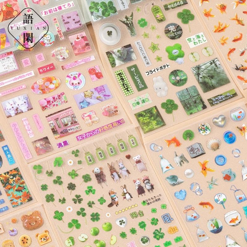 6 Sheets Adhesive Sticker Retro Decal Food Sticker Asthetic Decal Scrapbooking Sticker Cartoon Decal Fish Sticker