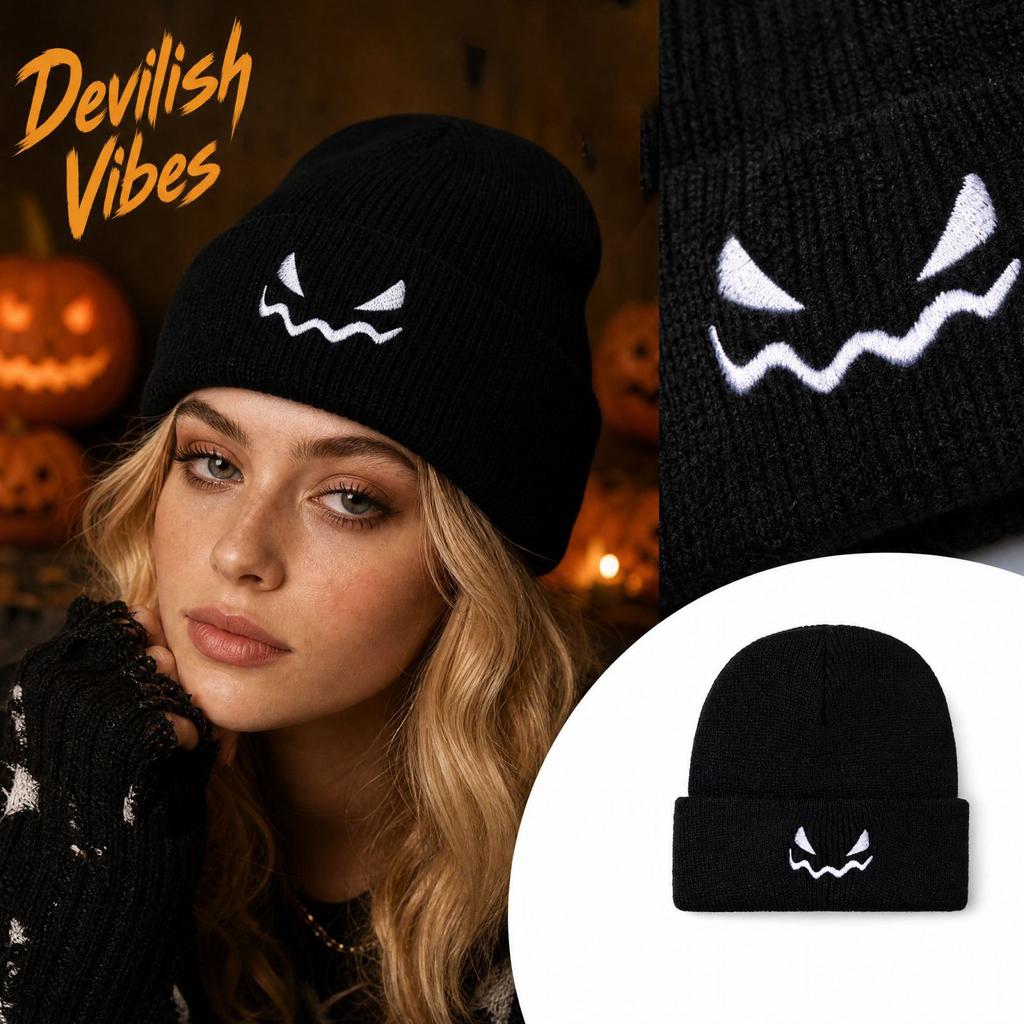 Unisex Halloween Pumpkin Knit Hat with Embroidered Devil, Fall Winter Novelty