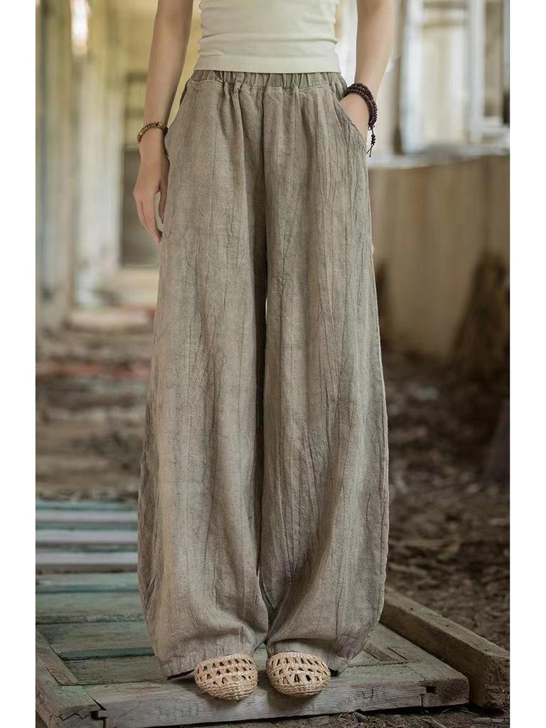 Women's 2025 Distressed Cotton Linen Lantern Pants - Casual, Versatile, Literary Style for Travel