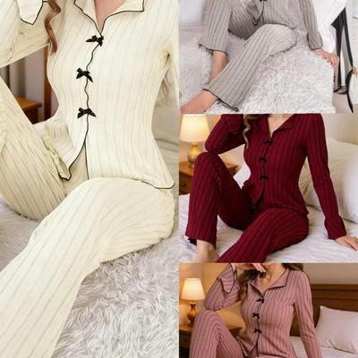 European Warm Pajamas - Lapel Bow, Long Sleeve & Pants, Sexy Casual Homewear
