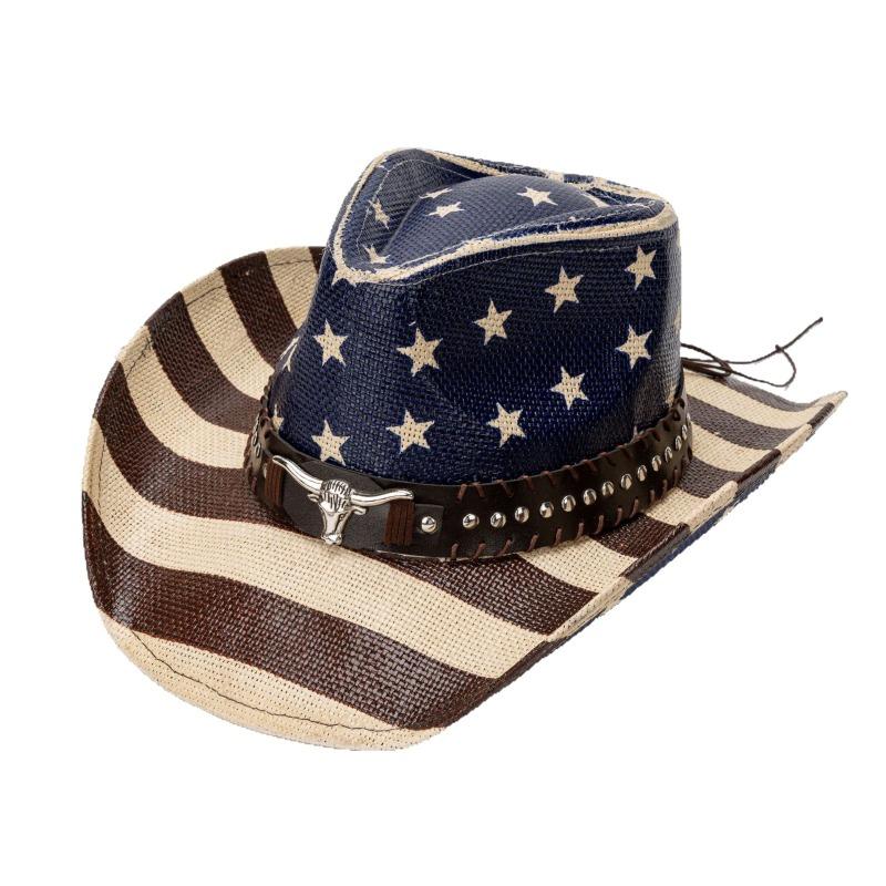 Unisex Vintage Amerikanische Flagge Print Gewebter Stroh Cowboyhut Mit Stierkopf Nietenband