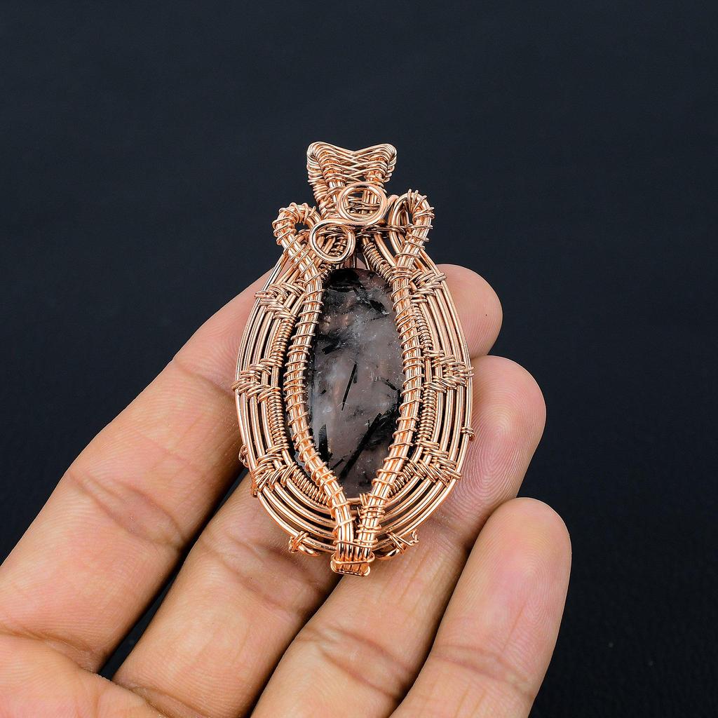 Black Rutile Gemstone Jewelry, 999 Copper Wire Wrapped Pendant, Beautiful Silver Pendant, Handmade Bohemian Jewelry For Wedding Gift