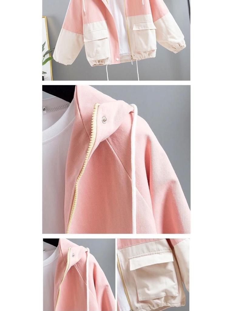 Women's Loose Fit Hooded Baseball Jacket - Korean Style, Spring/Autumn, Versatile, Plus Size, Trendy, Student-Lazy Style