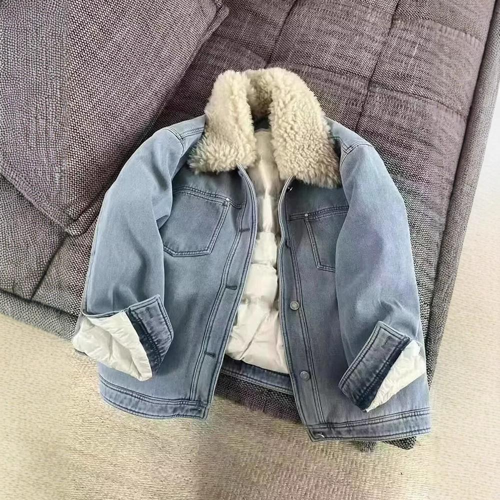 

Женская зимняя джинсовая куртка с лацканами из овечьей шерсти 2024: Корейский стиль, свободный кэжуал L небесно-голубой