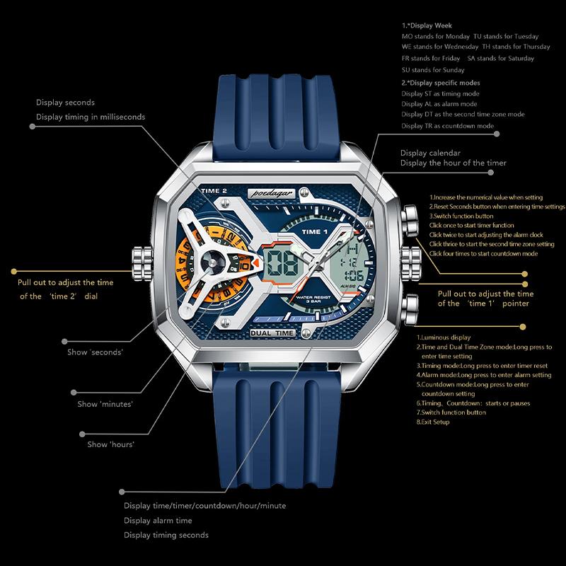 Luxury Men Wristwatch Date Week Luminous LED Quartz Man Clock Silicone Strap Electronic Dual Time Fashion Men's Watches