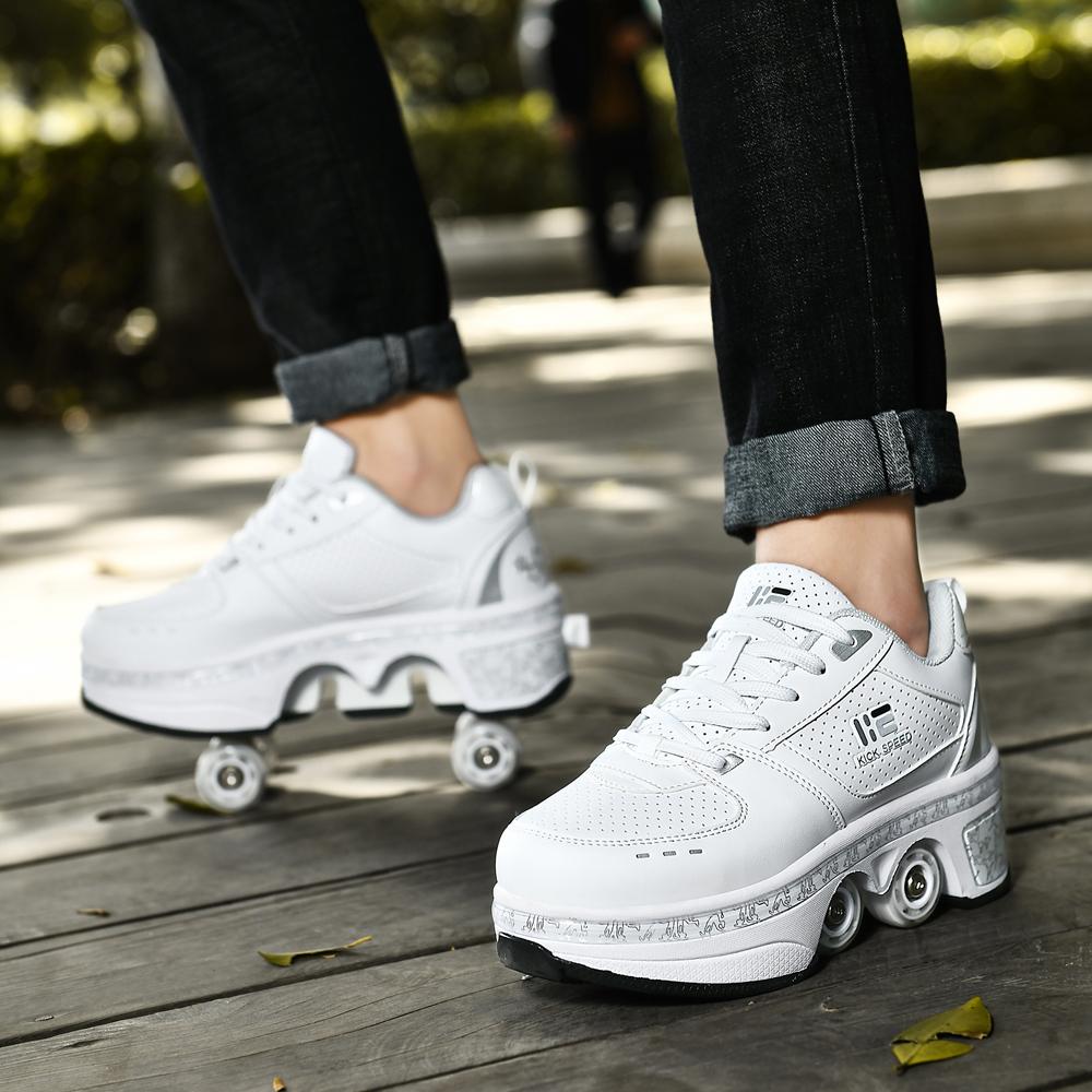 Unisex Four-Wheel Roller Skate Shoes Casual Deformation Parkour Sneakers Kids Skates Stage Personalized Sport Roller Skate Shoes