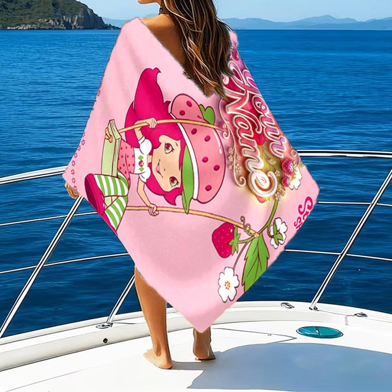 1pc Princess Strawberry Beach Towel with Custom Name, Beach and Seaside Swimming Pool Equipment, Fashion Pattern, Rectangular, Travel Essential