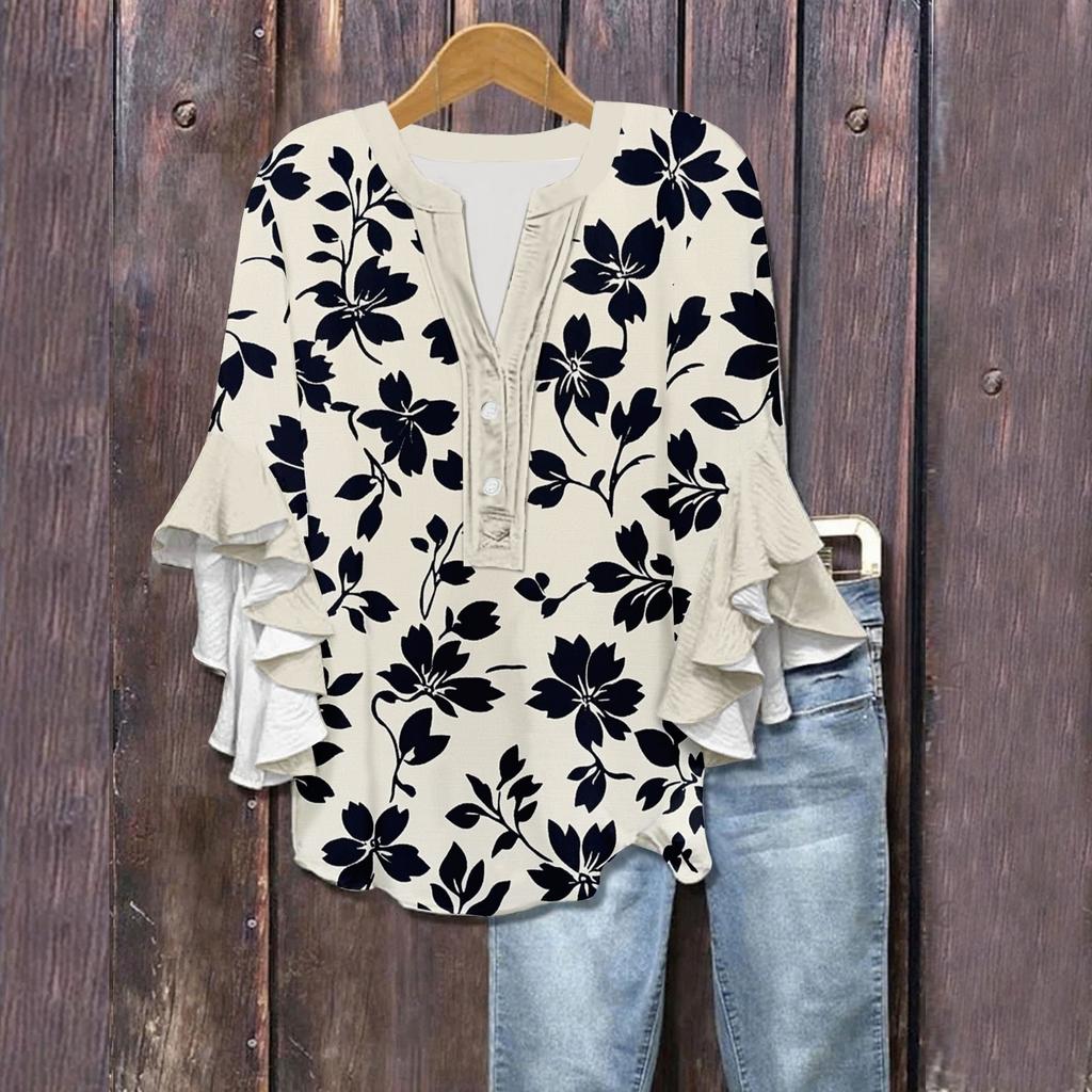 Women's Summer Tops V Neck Three-quarter Sleeves Floral Print Flowing Ruffle Sleeves Half-button Shirt