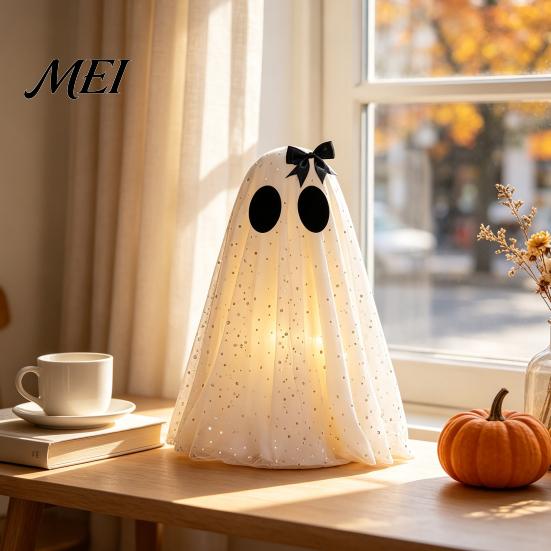 Stable Three Dimensional Ghost Halloween Decor, Spooky Sequin Mesh Fabric with Witch Hat/Bow, Whimsical for Home Decor Small Standing Tabletop