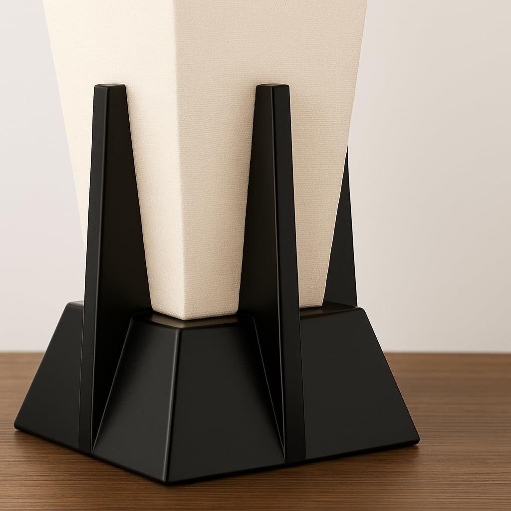 Black Wood & Off-White Fabric Pyramid Table Lamp – 36cm (14") | E27 Holder, No Bulb Included | Minimalist Accent Light for Bedroom,