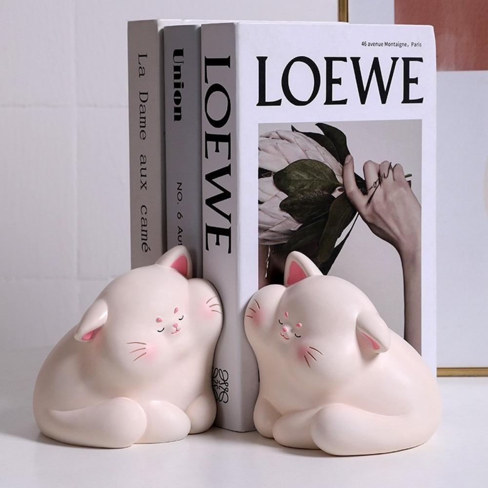 1pair/2pcs of super cute light luxury cream style cat face resin decorative bookends, heavy duty non slip bookends, for book magazine organization,