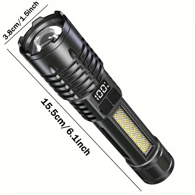 Strong Light Outdoor Camping Fishing Flashlight with Telescopic Zoom, Built-in Rechargeable Battery, Hook and Window Breaking Hammer