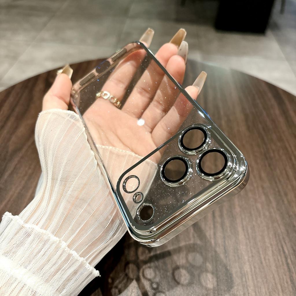 Glitter Transparent Plating Hard PC Case For iPhone 17 Air 16 15 14 13 12 11 Pro Max Plus Camera Protector Shining Back Cover