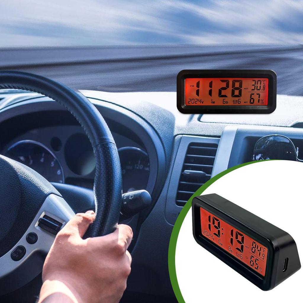 Clock For Car Dashboard LED Solar-Powered Interior Decoration Tiny Backlight Hygrometer Clock For Truck Auto Automotive Scooter