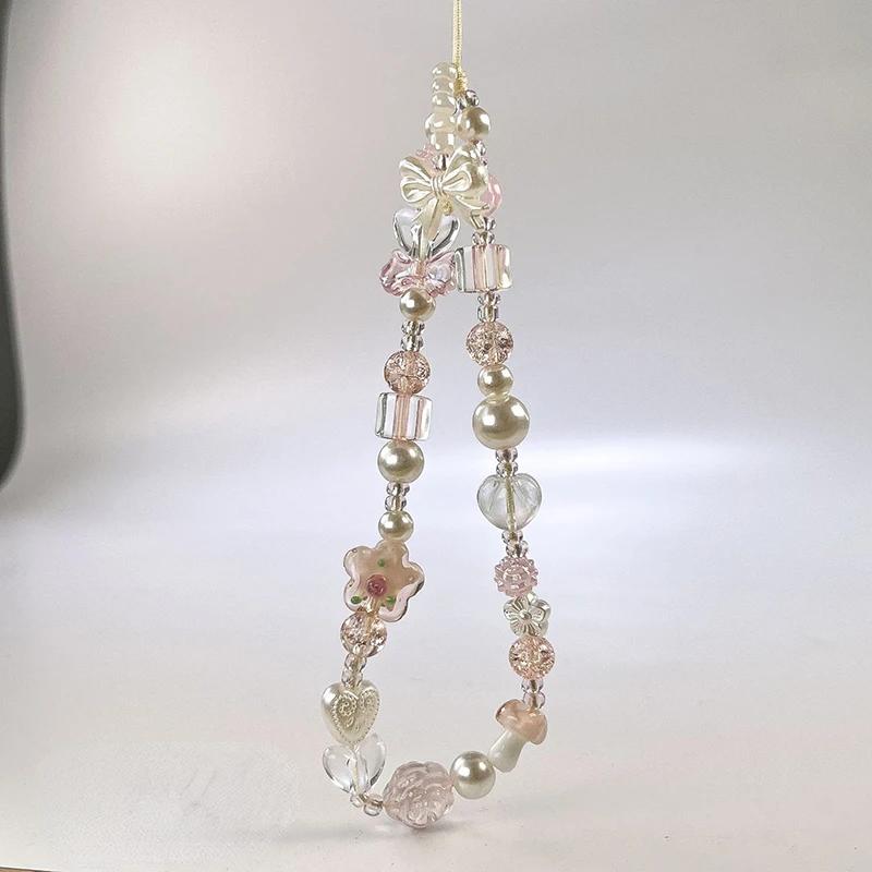 Cute Glass Bowknot Flower Bead Phone Strap Charm Chain Knot Cellphone Lanyard Keychain Girl Bag Camera Pendant for Airpods Case