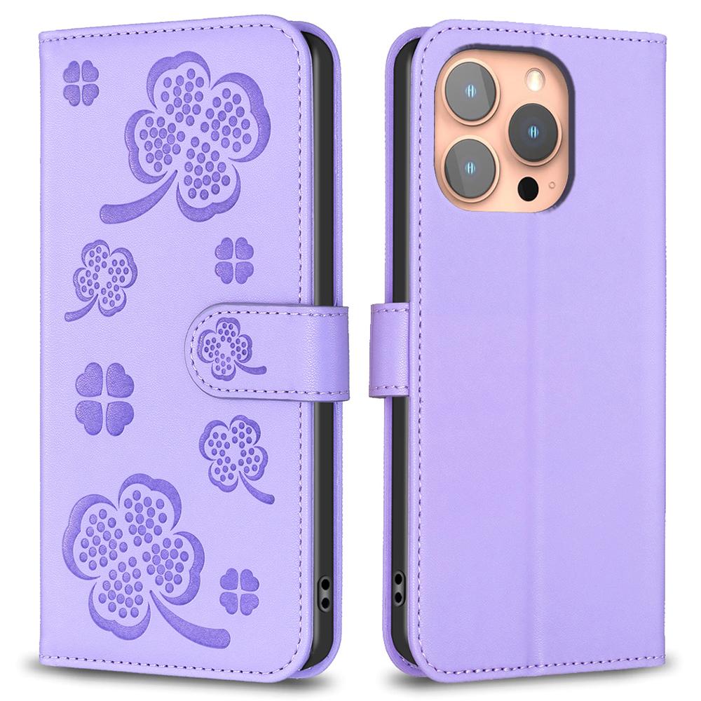 For iPhone 16 Pro Case Lucky Clover Pattern Leather Phone Cover
