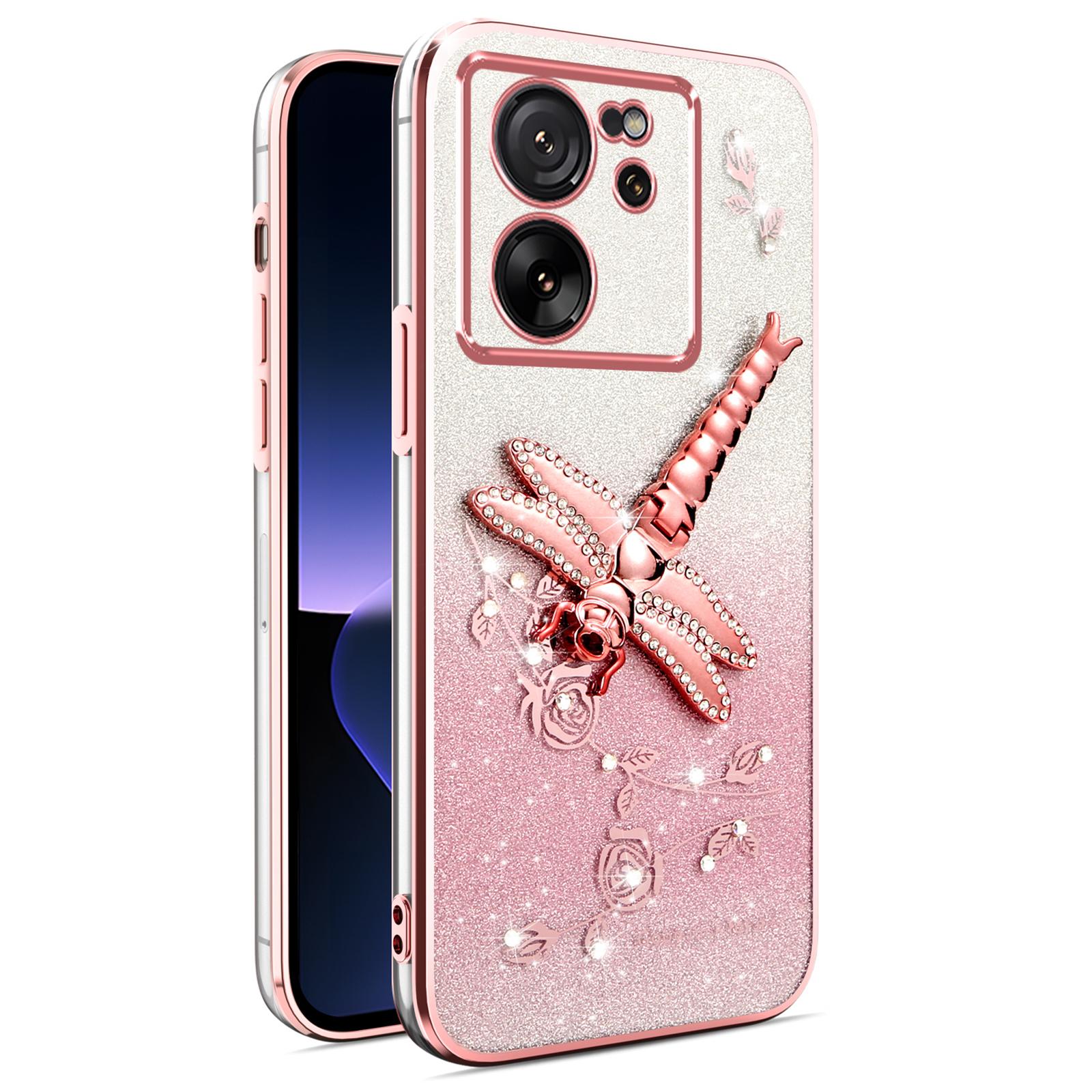 KADEM For Xiaomi 13T/13T Pro Case Dragonfly Kickstand TPU Flowers Glitter Phone Cover A