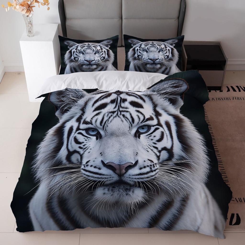 3Pcs Bedding Featuring A White Tiger Design - Duvet Cover With Blue-Eyed White Tiger And Two Pillowcases -For Bedroom Decor