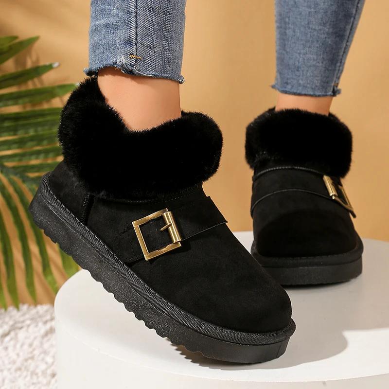 Faux Suede Buckle Decor Ankle Boots Women Winter Warm Thicken Plush Snow Boots Woman Thick Sole Non Slip Platform Cotton Boots