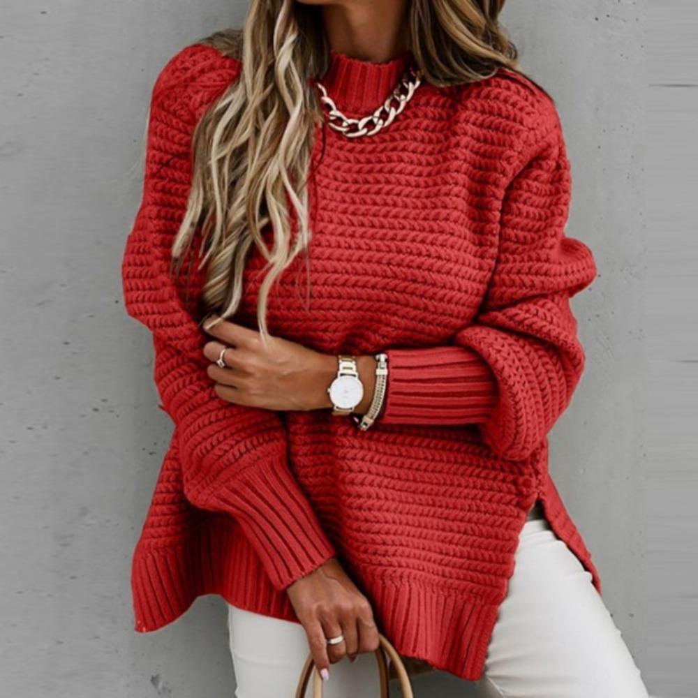 New Semi-high Neck Loose Solid Color Long-sleeved Thick-needle Side-slit Knitted Sweater for Women In Autumn and Winter