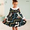 Girls High Neck Long Sleeve Printed A Line Flared Dress Faux Fur Trim Bow Decor