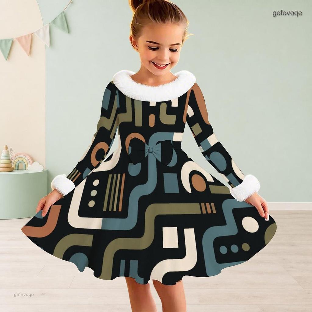 Girls High Neck Long Sleeve Printed A Line Flared Dress Faux Fur Trim Bow Decor