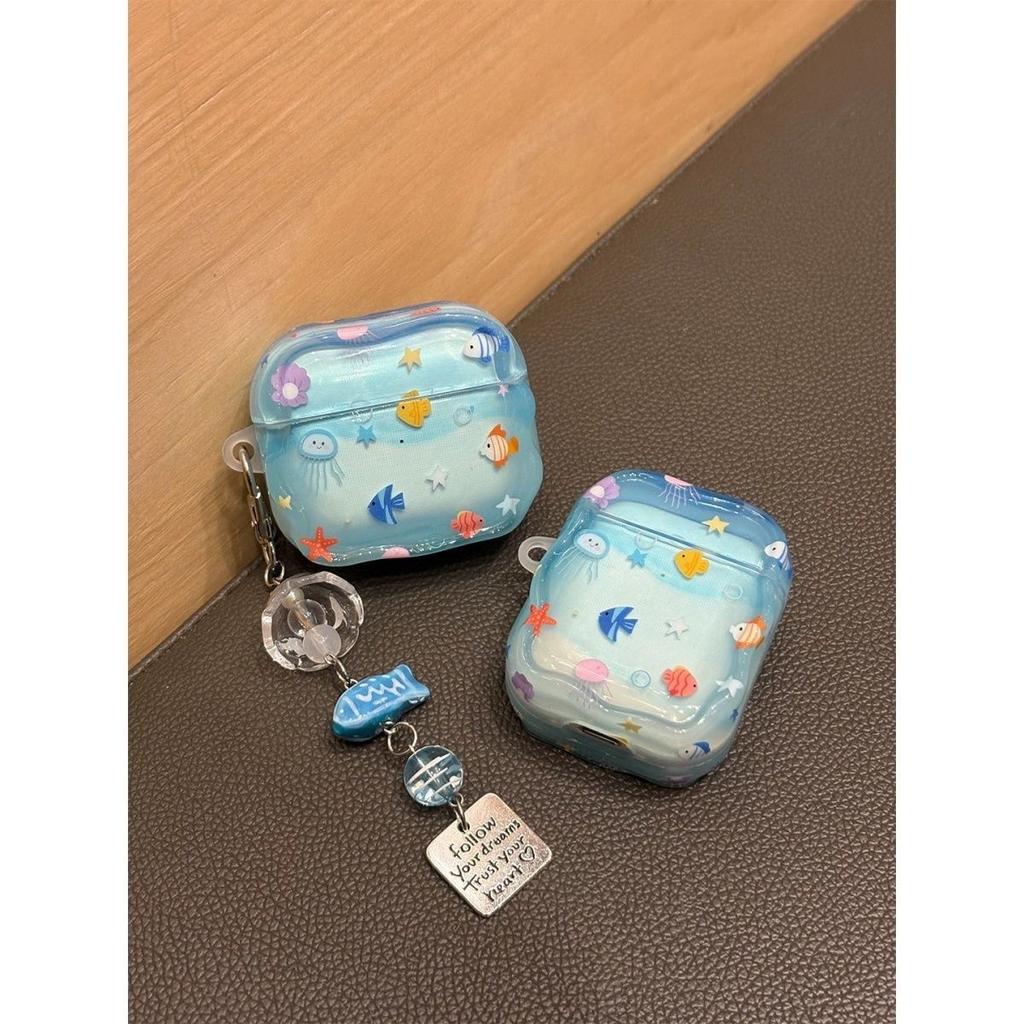 Transparent blue ocean fish AirpodsPro1 earphone case for Apple 1/1/1 generation wireless Bluetooth case