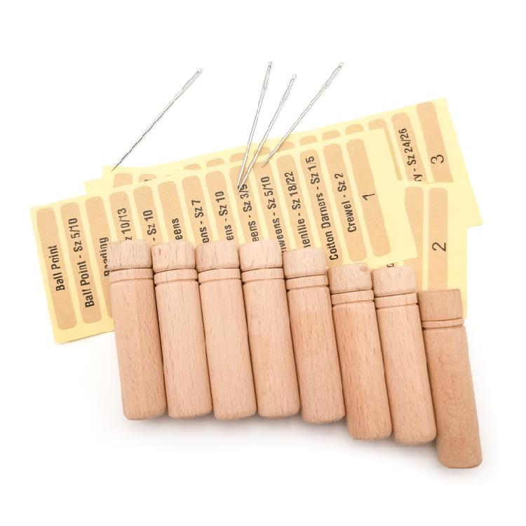 8Pcs Wooden Needle Storage Tubes with Labels for Sewing Pins Knitting Needles