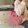 Zipper Stripe Canvas Tote Bag Large Capacity Shopping Handbag Casual Shoulder Bag  Women