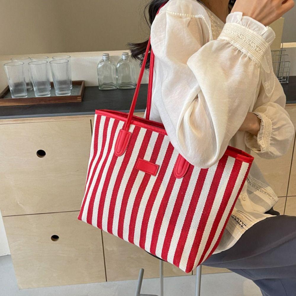 Zipper Shoulder Bag Korean Style Shopping Handbag Casual Stripe Canvas Tote Bag  Girls
